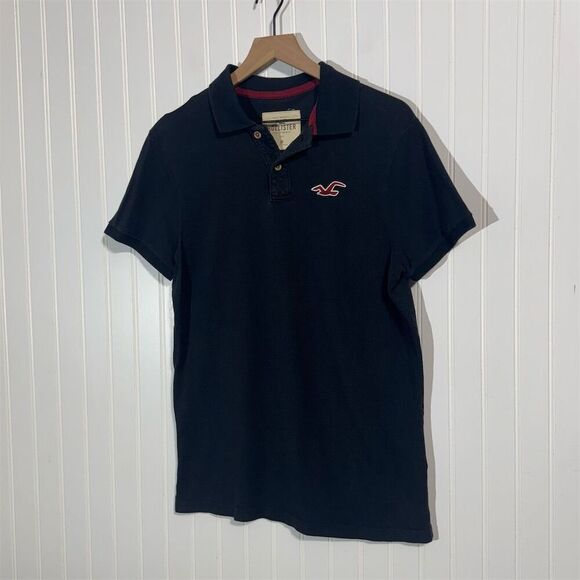Hollister Y2K Polo Shirt Black Red Logo Embroidered Seagull Size M Short Sleeve - Picture 1 of 7